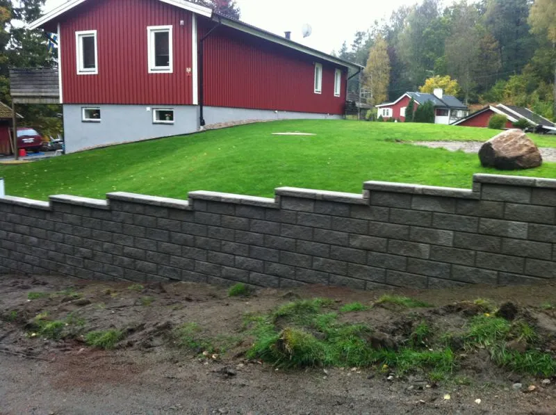 Ny gräsmatta ovanför en mur av betongblock